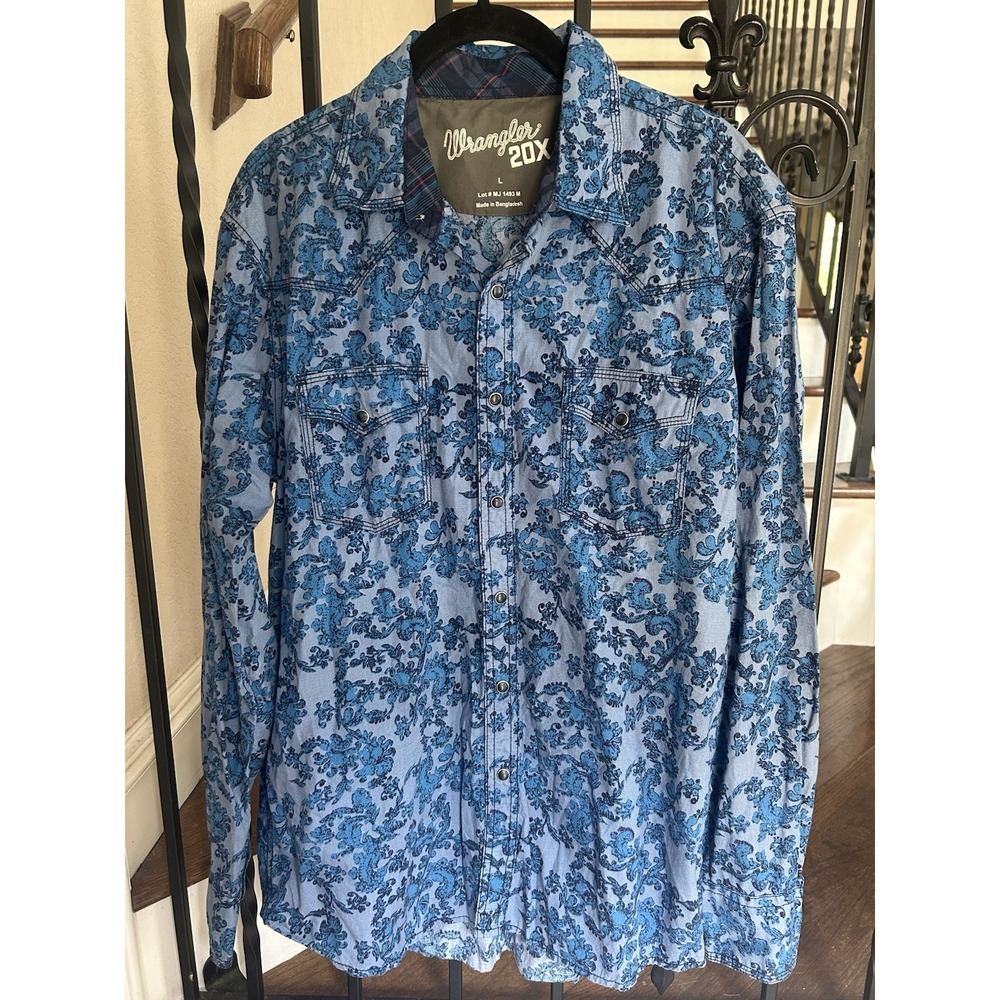 Men's Large Wrangler 20X Long-Sleeve Competition Western Snap Shirt Blue Paisley